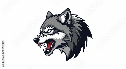 Aggressive grey wolf head profile, snarling with sharp teeth and red tongue, on white