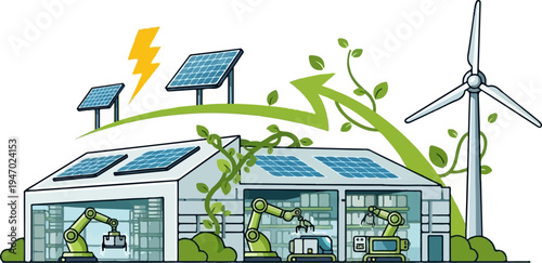 Factory with solar panels, wind turbine, and robotic arms powered by green energy