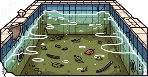 An abandoned, overgrown pool with cracked walls, filled with murky water and fallen leaves