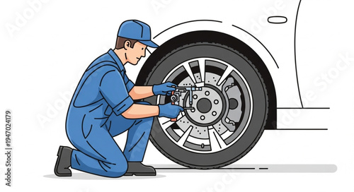 Mechanic changing car tire.