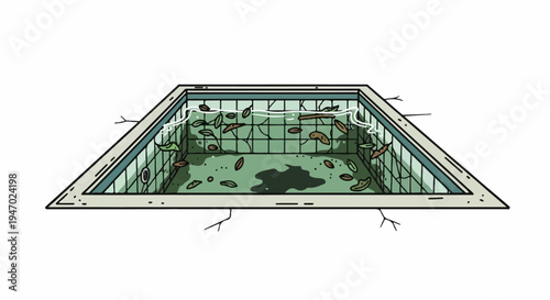 An abandoned swimming pool filled with debris and murky water