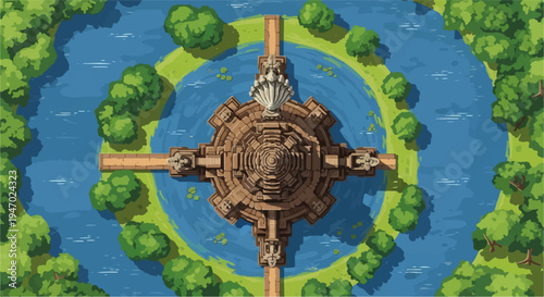 An ancient stone structure with intricate carvings stands in the center of a blue lake, surrounded by lush green trees