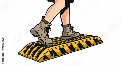 Feet in boots walking over yellow speed bump with black stripes