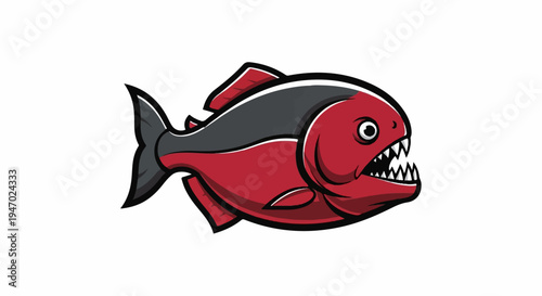 Ferocious red and gray fish with sharp teeth and fins, presented dynamically