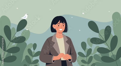 Cheerful woman in a suit stands amidst lush green foliage and soft, undulating hills