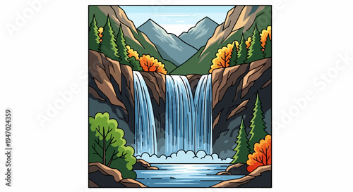 A vibrant pixel art landscape depicts a majestic waterfall cascading down rugged cliffs, surrounded by lush trees and distant mountains under a clear sky