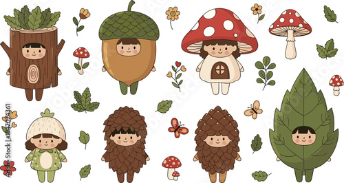 Cute woodland kids characters with tree acorn leaf hedgehog mushroom costumes kawaii autumn forest cartoon vector illustration set