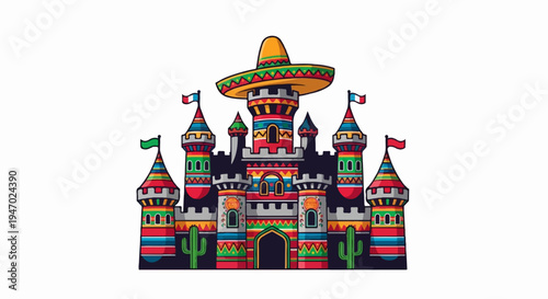 Festive castle adorned with a sombrero and Mexican-inspired decorations, complete with flags and cacti
