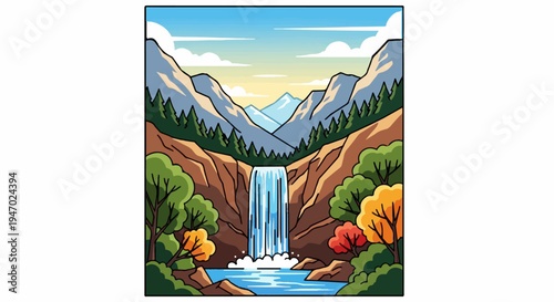 A vibrant pixel art scene of a majestic waterfall cascading down rugged cliffs