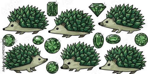 Adorable hedgehogs adorned with sparkling green gemstone quills and scattered green gems