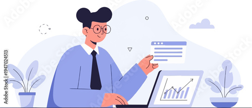 Modern illustration of a man in a suit working on a laptop with graphs