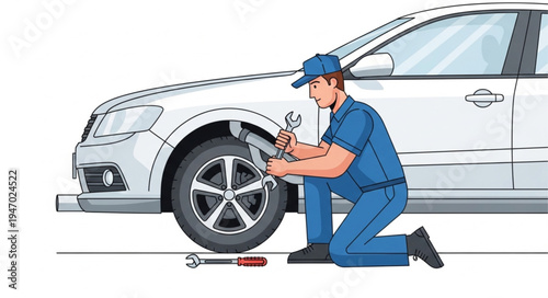 Mechanic changing car tire.