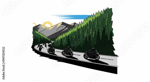 Motorcyclists ride on a scenic mountain road through a forest under a bright sun
