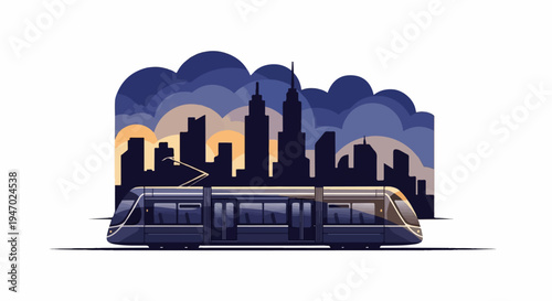 Modern tram travels through a stylized cityscape at dusk with layered clouds