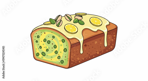 Delicious loaf cake with lemon glaze, pistachios, and vibrant green swirl inside