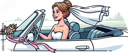 Happy bride driving convertible with veil and bouquet decorated