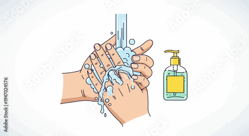 Hands being washed under running water with soap dispenser nearby
