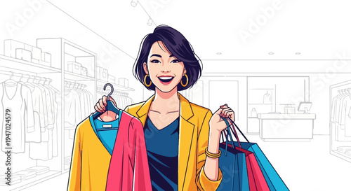 Happy shopper in a clothing store, holding new garments and bags