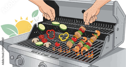Hands grilling skewers of shrimp, meat, and vegetables on a sunny day