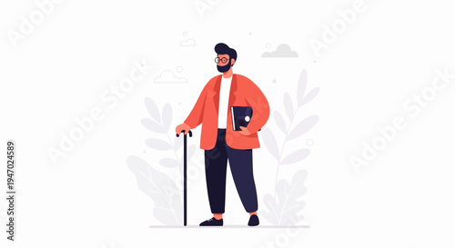 An illustrated person with glasses, beard, holding a cane and a book, standing amidst abstract plants