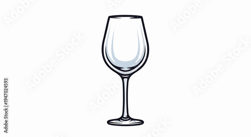 An empty clear wine glass with a slender stem and round base, outlined in black
