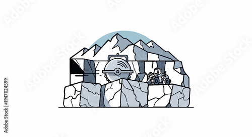 Mountain quarry with machinery cutting rock under a sky arc