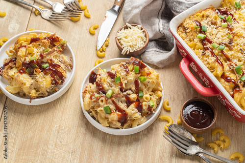 Barbecue pulled pork mac and cheese with bbq sauce drizzle. Cheesy food
