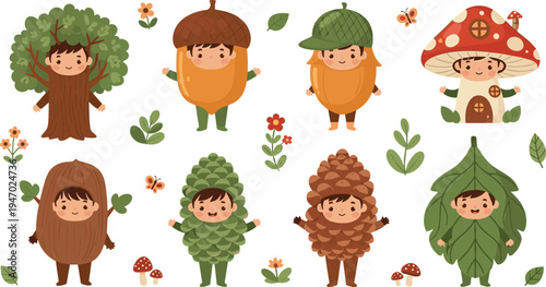 Cute woodland kids characters with tree acorn pinecone leaf mushroom costumes kawaii forest autumn cartoon vector illustration set