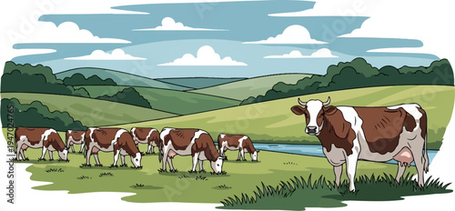 Herd of brown and white cows grazing in a lush green pasture beside a tranquil river under a cloudy sky