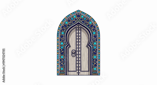 An ornate, arched doorway features intricate mosaic tilework surrounding a light-colored wooden door