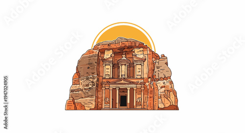 Ancient carved facade nestled in sandstone cliffs under a bright sun