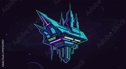 Neon-lit cosmic structure with sharp angles and glowing circuits against a starry void