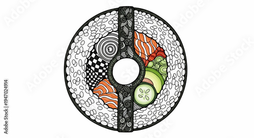 Circular sushi roll artwork with colorful fillings and intricate monochrome patterns