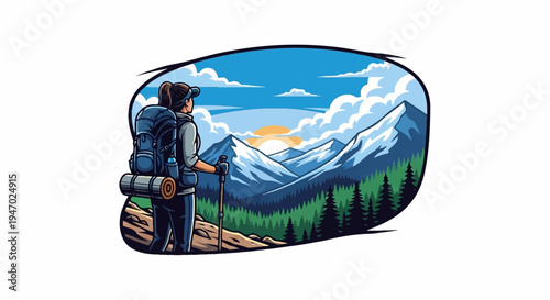 Hiker with backpack and poles gazes at majestic snow-capped mountains at sunrise