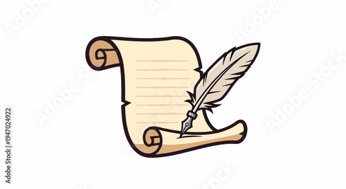 A vintage quill pen poised above a rolled parchment with lines for writing