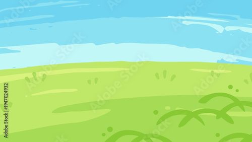 絵の具で描いたような和風な雰囲気のある草原と空の背景イラスト_16:9