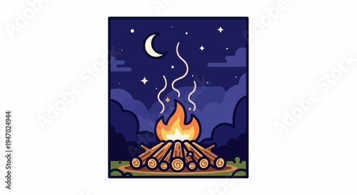 Night scene with a campfire, crescent moon, and stars
