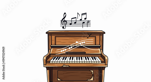 A vintage upright piano with sheet music above, and musical notes on wavy lines