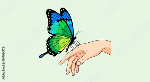 A vivid, iridescent butterfly with blue, green, and yellow wings lands gently on a person's open hand