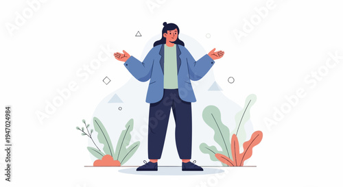 Person with outstretched arms, standing amidst abstract shapes and stylized foliage