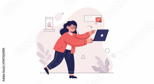 Person with laptop, chat bubble, and security icon