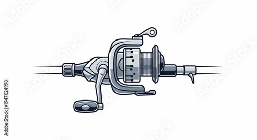Detailed illustration of a fishing reel with line, showing crank, spool, and rod attachment
