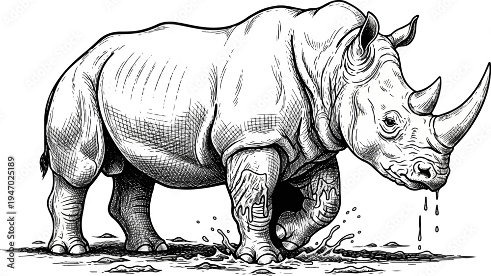 Fototapeta premium Detailed ink drawing of a rhinoceros walking through water with splashing droplets
