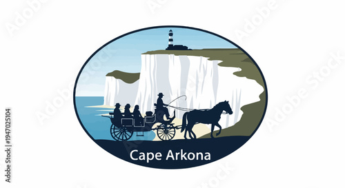 Horse-drawn carriage on a cliffside path with a lighthouse near the sea