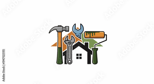 Home renovation and repair tools, including hammer, wrenches, and paint roller, over house outline