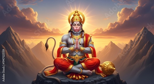 Divine Hanuman meditating on mountain peak at sunrise