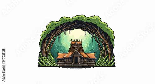 Ancient stone temple nestled within a dense, arched forest canopy