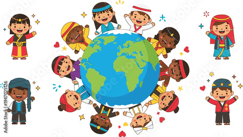 Diverse children from different cultures standing around globe celebrating unity, friendship and world diversity cartoon education vector illustration