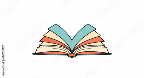 Open book with colorful pages, revealing a stack of paper