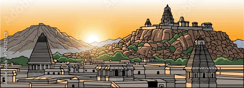 Ancient stone temples and rocky mountain formations bask in the golden glow of a sunrise